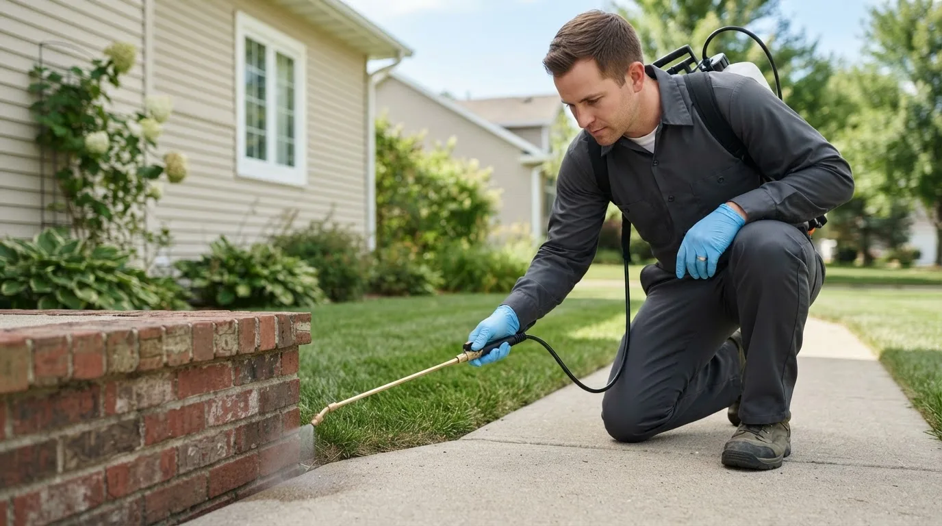 Pest control technician treating a home near Dawson, MN
